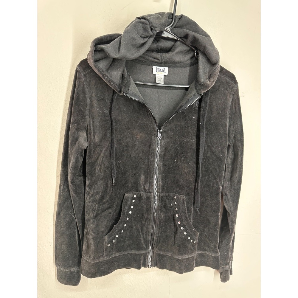 VTG 2000s Y2K Everlast Hoodie Womens SMALL Black Velour Soft Rhinestone Full Zip